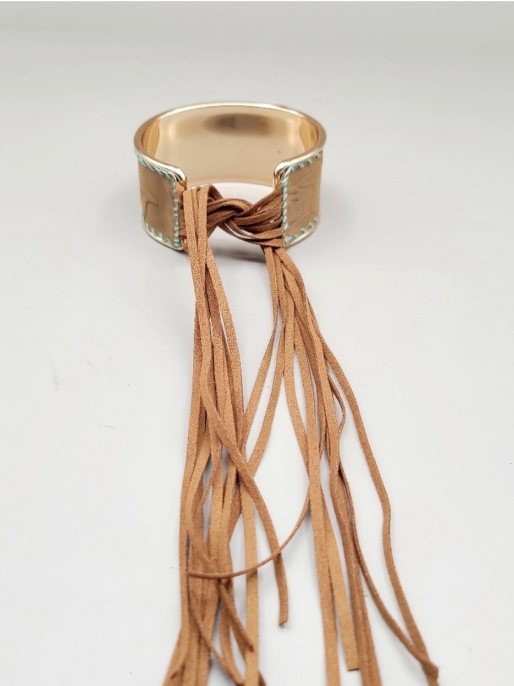 Turquoise Flower Concho Tan Fringe Cuff Bracelet - Picture 5 of 6